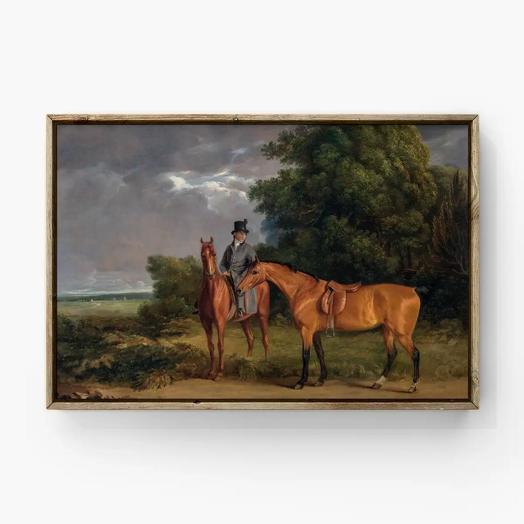 A Groom Mounted on a Chestnut Hunter, He Holds a Bay Hunter by the Reins printable by Jacques–Laurent Agasse - Printable.app