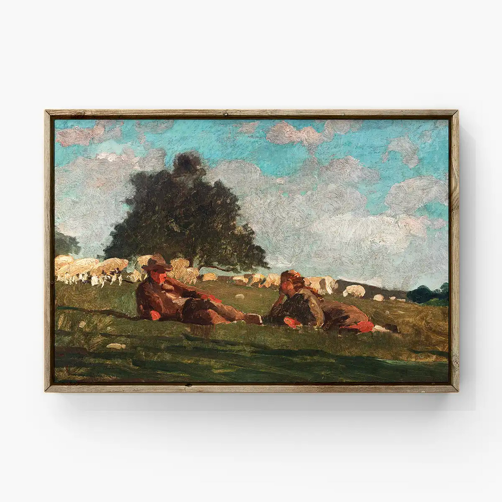 Boy and Girl in a Field with Sheep printable by Winslow Homer - Printable.app