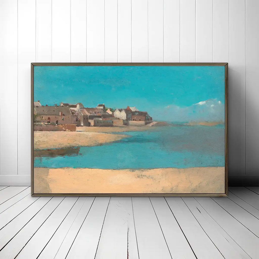 Landscape with a Village by the Sea in Brittany printable by Odilon Redon - Printable.app